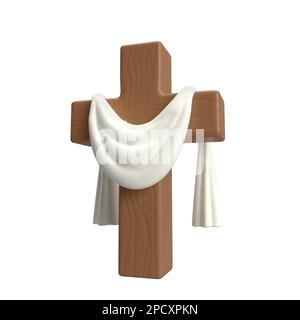 3D Croix en bois d'icône avec tissu blanc, symbole de la résurrection de Jésus-Christ. Il est ressuscité. Illustration de la résurrection de Pâques. Ecriture Banque D'Images