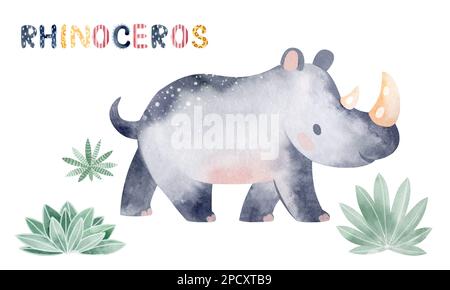 Illustration aquarelle d'un rhinocéros. Illustration d'un animal pour enfants. Carte d'apprentissage. Banque D'Images