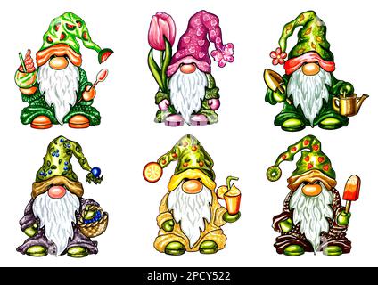 Ensemble de 6 jolis gnomes avec accessoires en vêtements verts. Illustration JPEG pour autocollants, création de motifs, papier peint, papier d'emballage, cartes postales, des Banque D'Images