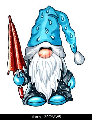 GNOME dans un capuchon bleu avec raindrop et un parapluie de maintien de manteau noir. Illustration JPEG. Banque D'Images