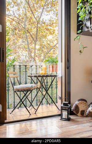 Vue de la chambre au balcon avec table et éléments de décoration élégants avec table basse et chaise avec jus d'orange donnant sur le parc avec un automne Banque D'Images