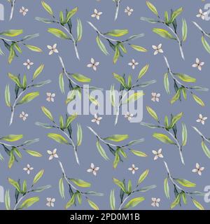Motif de fleurs et de branches d'olive aquarelle sans couture en vert gris et beige sur fond blanc. Feuilles de grenade Banque D'Images
