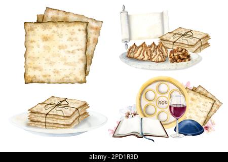 Ensemble d'illustrations pour l'aquarelle du pain de la Pâque matzah. Vacances juives Pesach nourriture isolée sur fond blanc. Banque D'Images