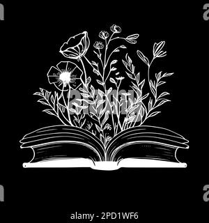 Livre avec fleurs ligne art vecteur icône, isolé clipart floral. Livre d'histoires ouvert et fleurs sauvages composition décorative boho, printemps noir et blanc ou Banque D'Images