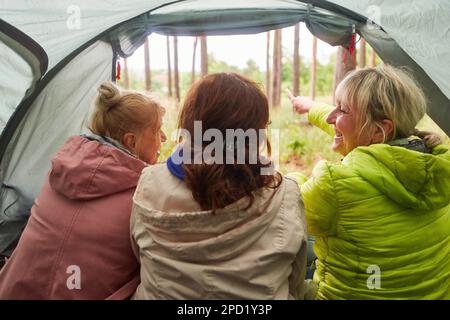 Vue arrière des amies séniors qui passent du temps libre dans une tente de camping en forêt Banque D'Images