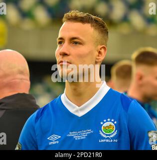 Eetu Vertainen, joueur Linfield FC. Finale de la coupe BetMcLean 2023, Linfield vs Coleraine. Stade national de Windsor Park, Belfast. Banque D'Images