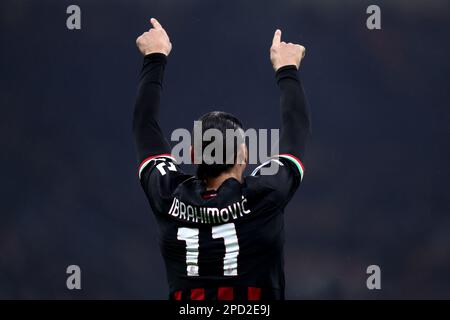 Milan, Italie. 13th mars 2023. Zlatan Ibrahimovic de l'AC Milan gestes pendant la série Un match entre l'AC Milan et nous Salernitana au Stadio Giuseppe Meazza sur 13 mars 2023 à Milan, Italie . Credit: Marco Canoniero / Alamy Live News Banque D'Images