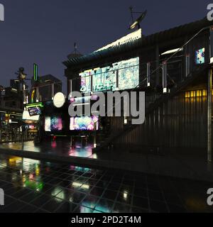 Une scène de nuit, bâtiments, pluie, lumières lumineuses, rendu 3D Banque D'Images