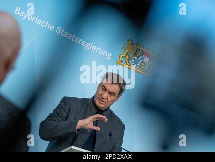 Munich, Allemagne. 14th mars 2023. Markus Söder (CSU), Premier ministre de Bavière, assiste à une dernière conférence de presse après une réunion du cabinet bavarois. Credit: Peter Kneffel/dpa/Alay Live News Banque D'Images