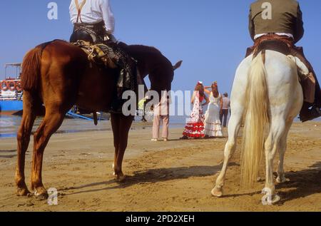 Pèlerins à Punta de Malandar, Romeria del Rocio, pèlerins en chemin à travers le Parc National de Doñana, pèlerinage de Sanlúcar de Barrameda brotherh Banque D'Images