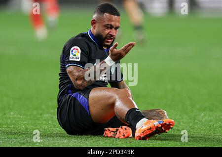 Memphis Depay de l'Atletico de Madrid pendant le match de la Liga Santander entre le FC de Gérone et l'Atletico de Madrid à l'Estadio Municipal Montilivi à Gérone, en Espagne. (Crédit : David Ramirez) Banque D'Images