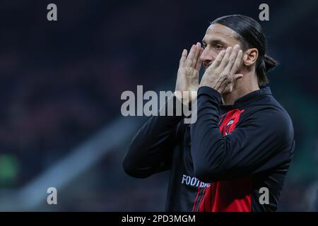 Milan, Italie. 13th mars 2023. Zlatan Ibrahimovic de l'AC Milan réagit pendant Serie Un match de football 2022/23 entre l'AC Milan et l'US Salernitana 1919 au stade San Siro, Milan, Italie sur 13 mars 2023 Credit: Independent photo Agency/Alay Live News Banque D'Images
