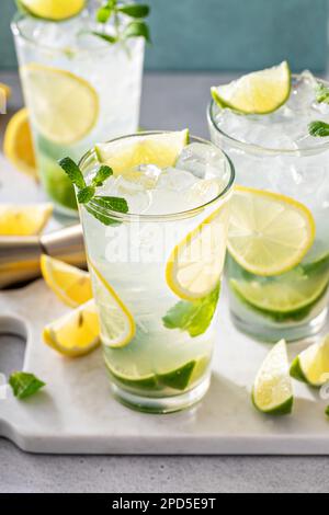 Cocktail de mojito citron et citron vert dans de grands verres avec citron vert et menthe fraîche Banque D'Images
