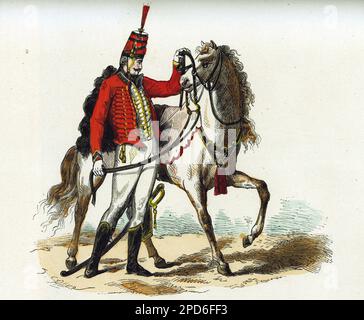 Costume de hussard avec son cheval. Gravure en couleurs d'apres un dessin de C.Vernet, dans 'la France et les Français a travers les siecless' par Augustin Challamel,Paris 1882. Banque D'Images
