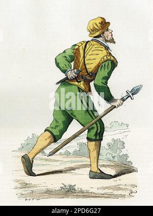 Costume de Veneur, charge de chasser les chiens courants, au XVIeme siecle. Gravure en couleurs d'apres un dessin de LeChevallier- Chevignard, dans 'la France et les francais a travers les siecless' par Augustin Challamel,Paris 1882. Banque D'Images