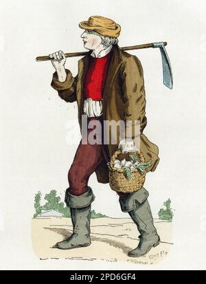 Costume de paysan laboratoire du XVIème au XVIIIème siecle. Gravure en couleurs d'apres un dessin de Chevignard, dans 'la France et les Français a travers les siecless' par Augustin Challamel,Paris 1882. Banque D'Images