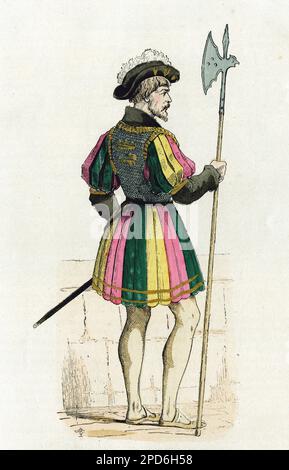 Costume des garde du corps de François Ier 1494-1547.Gravure en couleurs d'apres un dessin de Gainières, dans 'la France et les francais a travers les siecless' par Augustin Challamel,paris 1882. Collection . Banque D'Images