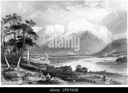 Une gravure de Ben Nevis et de l'entrée du canal calédonien, à Invernesshire, en Écosse, au Royaume-Uni, a été numérisée à haute résolution à partir d'un livre imprimé en 1840. Banque D'Images