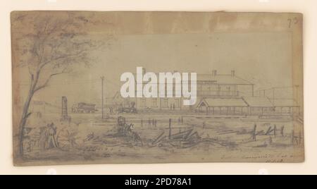 Le quartier général du général Pierre Gustave Toutant Beauregard, Corinthe, Mississippi, 31 mai 1862. Fait partie de la Collection de guerre civile américaine Adolph Metzner à la Bibliothèque du Congrès, Purchase; E. Burns Apfeld; 2014; (DLC/PP-2014:188), Sang versé dans cette guerre : illustrations de la guerre civile par le capitaine Adolph Metzner, 32nd Indiana / Michael A. Peake. Indianapolis : Indiana Historical Society Press, 2010, p. 23. Beauregard, G. T, (Gustave Toutant), 1818-1893, Service militaire, Quartier général de l'armée, Mississippi, Corinth, 1860-1870, Hôtels, Mississippi, Corinth, 1860-1870, gares ferroviaires, Mississippi Banque D'Images