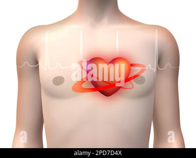 Corps humain avec un cœur stylisé et une ligne ECG. Illustration numérique, rendu 3D. Banque D'Images