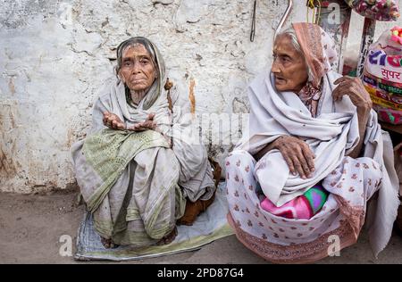 Veuves mendiant, Vrindavan, district de Mathura, Inde Banque D'Images