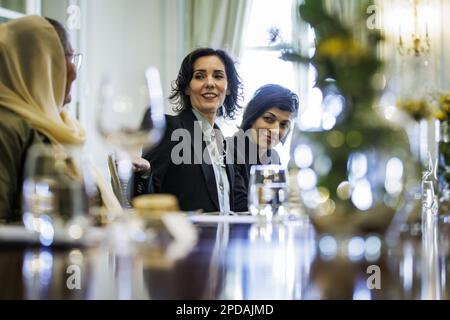 Le ministre belge des Affaires étrangères Hadja Lahbib a été photographié lors d'un déjeuner de travail pour discuter des droits des femmes en Afghanistan, à la résidence de l'ambassadeur belge à Washington, D.C., à Washington, le mardi 14 mars 2023. BELGA PHOTO SAMUEL CORUM Banque D'Images