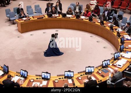 Nations Unies. 14th mars 2023. Une réunion du Conseil de sécurité de l'ONU sur l'Ukraine dans le contexte de la Russophobia se tient au siège de l'ONU à New York, sur 14 mars 2023. Credit: XIE E/Xinhua/Alay Live News Banque D'Images