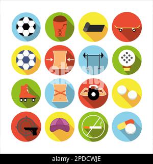 Collection d'icônes avec différents sports et une alimentation saine dans le design plat avec des ombres Banque D'Images
