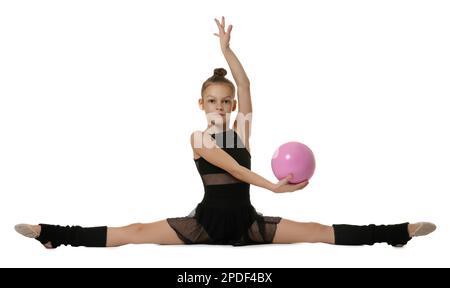 Mignon petit gymnaste avec assis sur le côté divisé sur fond blanc Banque D'Images