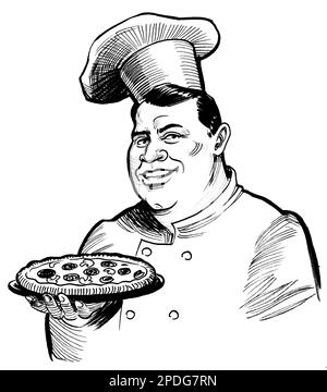 Caractère du chef de restaurant avec une tarte à la pizza. Dessin noir et blanc Banque D'Images