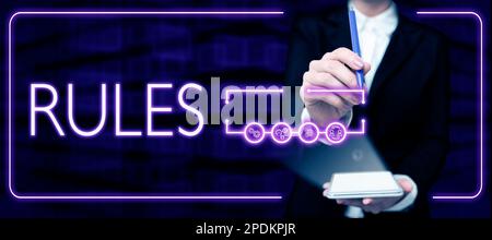 Texte affichant les règles. Mot écrit sur les lois ou règlements prescrits pour le respect Banque D'Images