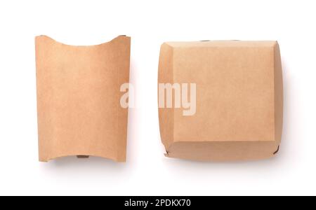 Vue de dessus des boîtes de hamburger et de frites en papier blanc marron Banque D'Images