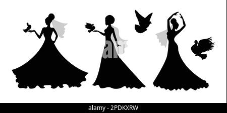 Ensemble de silhouettes vectorielles d'une mariée afro avec un oiseau. Illustration de Vecteur