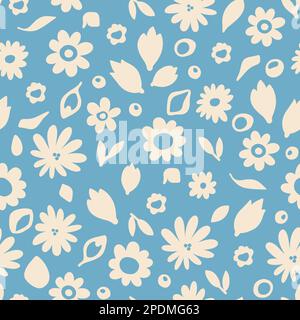 Motif botanique sans couture. Fleurs blanches griboulées sur fond bleu. Joli motif fleuri sur toute la surface pour un imprimé vestimentaire Banque D'Images