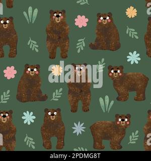 Motif ours sans couture avec animaux sauvages et fleurs dessinés à la main sur fond vert. Illustration de l’ours sur toute la surface des enfants Banque D'Images