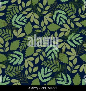 Motif sans couture. Imprimé botanique raster sur toute la surface avec diverses feuilles vertes sur fond noir. Illustration du ressort sans fin Banque D'Images