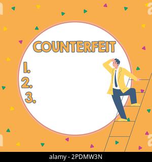 Affiche affichant la contrefaçon. Idée d'affaires faite en imitation de quelque chose d'autre avec l'intention de tromper Banque D'Images