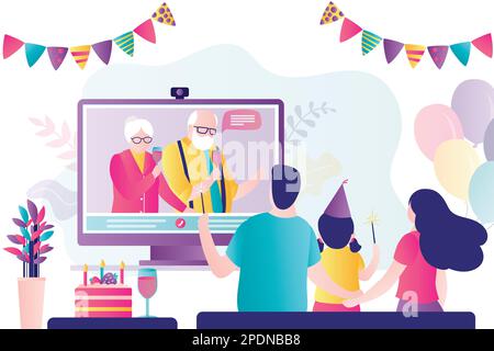 Famille fêtez votre anniversaire ou vos vacances. Fête en ligne. Communication à distance. Grand-parents sur écran, couple âgé parlant avec la famille. Technolo Illustration de Vecteur