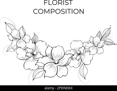 Une belle branche en fleurs, richement décorée avec des fleurs, des bourgeons et des feuilles. Dessin à la main. Illustration de Vecteur
