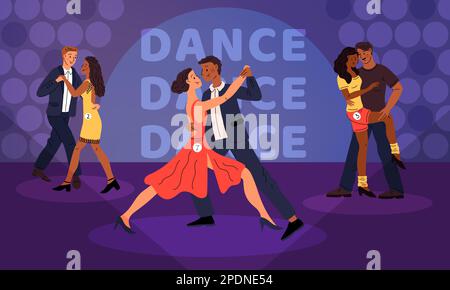 Concours de danse. Concours de chorégraphie contemporaine. Danse de salle de bal. Les gars et les filles avec des numéros de participant. Tournoi de Tango ou de bachata. Danseurs Illustration de Vecteur