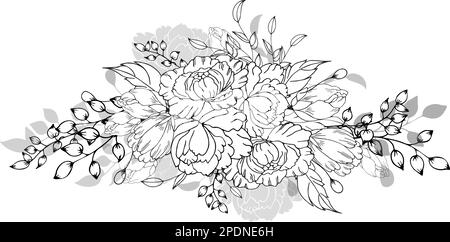 Une belle branche en fleurs, richement décorée avec des fleurs, des bourgeons et des feuilles. Dessin à la main. Illustration de Vecteur