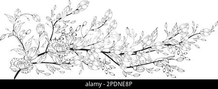 Une belle branche en fleurs, richement décorée avec des fleurs, des bourgeons et des feuilles. Dessin à la main. Illustration de Vecteur