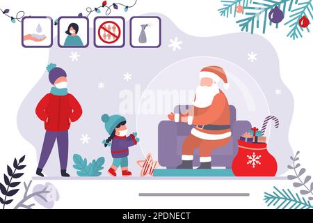 Le Père Noël dans une bulle protectrice, gardant la distance sociale. Enfants dans des masques protecteurs parlant avec le Père Noël. Icônes de prévention des coronavirus. Calamar d'hiver Illustration de Vecteur