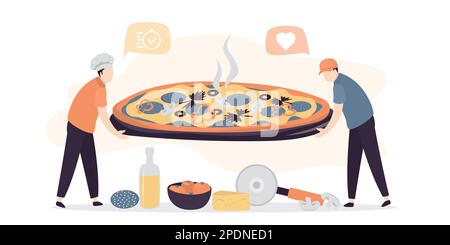 Drôle de petites personnes qui cuisent de grandes pizzas. Des chefs cuisiniers masculins préparent une cuisine italienne traditionnelle. Les gens travaillent dans la pizzeria. Travailleurs en uniforme. Ingrédients à préparer Illustration de Vecteur