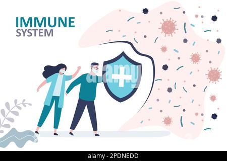 Les personnes qui se trouvent dans un masque facial protègent le système immunitaire contre les virus et les bactéries. La femme et l'homme avec un bouclier protègent l'immunité contre la maladie. Concept de médecine et Illustration de Vecteur