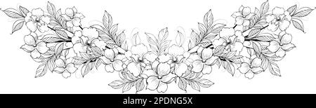 Une belle branche en fleurs, richement décorée avec des fleurs, des bourgeons et des feuilles. Dessin à la main. Illustration de Vecteur