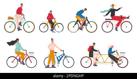 Les gens font du vélo. Cyclistes heureux hommes et femmes. Transport urbain. Marche en vélo. Les personnes conduisent des cycles. Tenez-vous à proximité. Personnages de vélo amusants Illustration de Vecteur