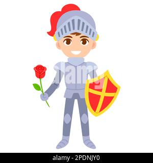 Mignon petit garçon de dessin animé en costume de chevalier médiéval tenant une rose. Illustration de clip art vectoriel isolée. Illustration de Vecteur