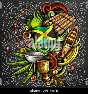 Illustration jamaïcaine de dessin animé. Drôle de conception cubaine. Arrière-plan vectoriel créatif avec éléments et objets de pays d'Amérique du Nord. Tableau noir complet Illustration de Vecteur