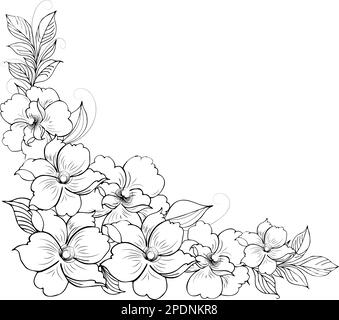 Une belle branche en fleurs, richement décorée avec des fleurs, des bourgeons et des feuilles. Dessin à la main. Illustration de Vecteur